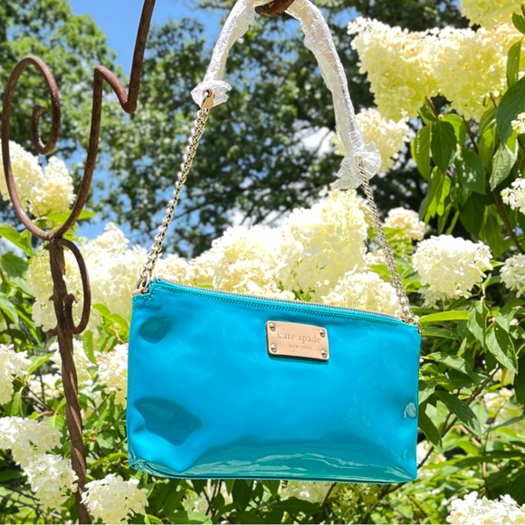Kate Spade teal and ash purse. Stunning. EUC. Approx 11”x5.75” body. Strap 24.5” - Picture 15 of 16